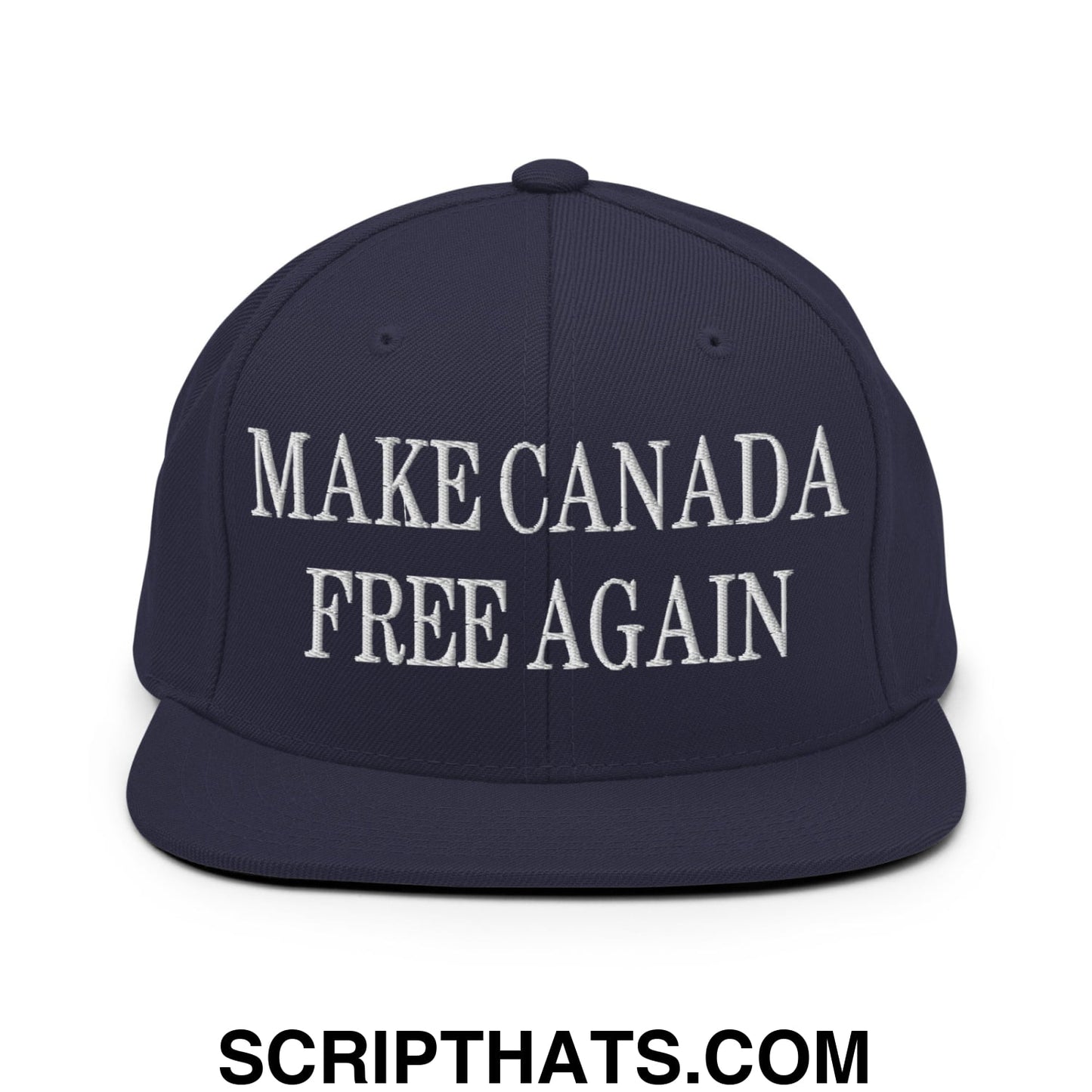 Navy blue snapback hat with white embroidered text make canada free again featuring a flat bill brim