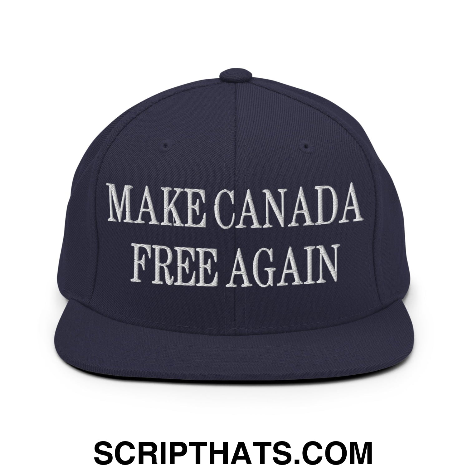 Navy blue snapback hat with white embroidered text make canada free again featuring a flat bill brim