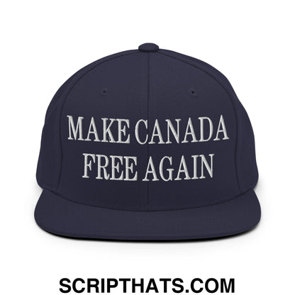 Navy blue snapback hat with white embroidered text make canada free again featuring a flat bill brim