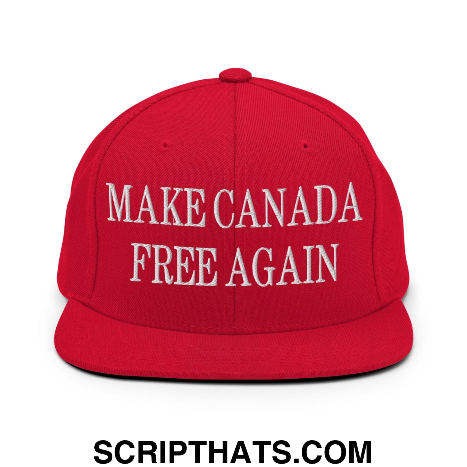 Red snapback cap with white embroidered make canada free again text and flat bill brim for casual wear