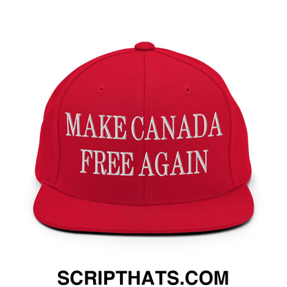 Red snapback cap with white embroidered make canada free again text and flat bill brim for casual wear