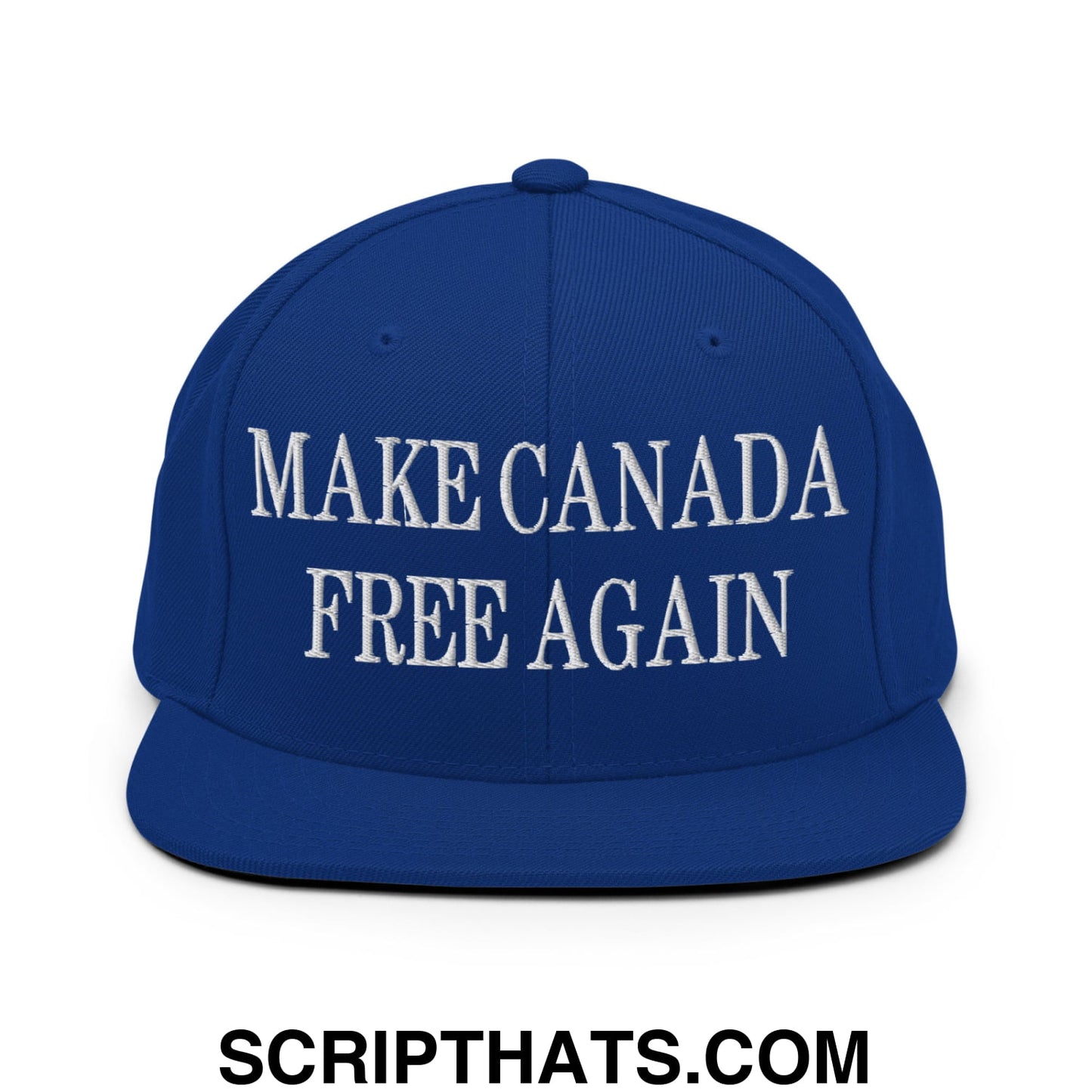 Royal blue snapback hat with white embroidered make Canada free again text and flat bill brim design