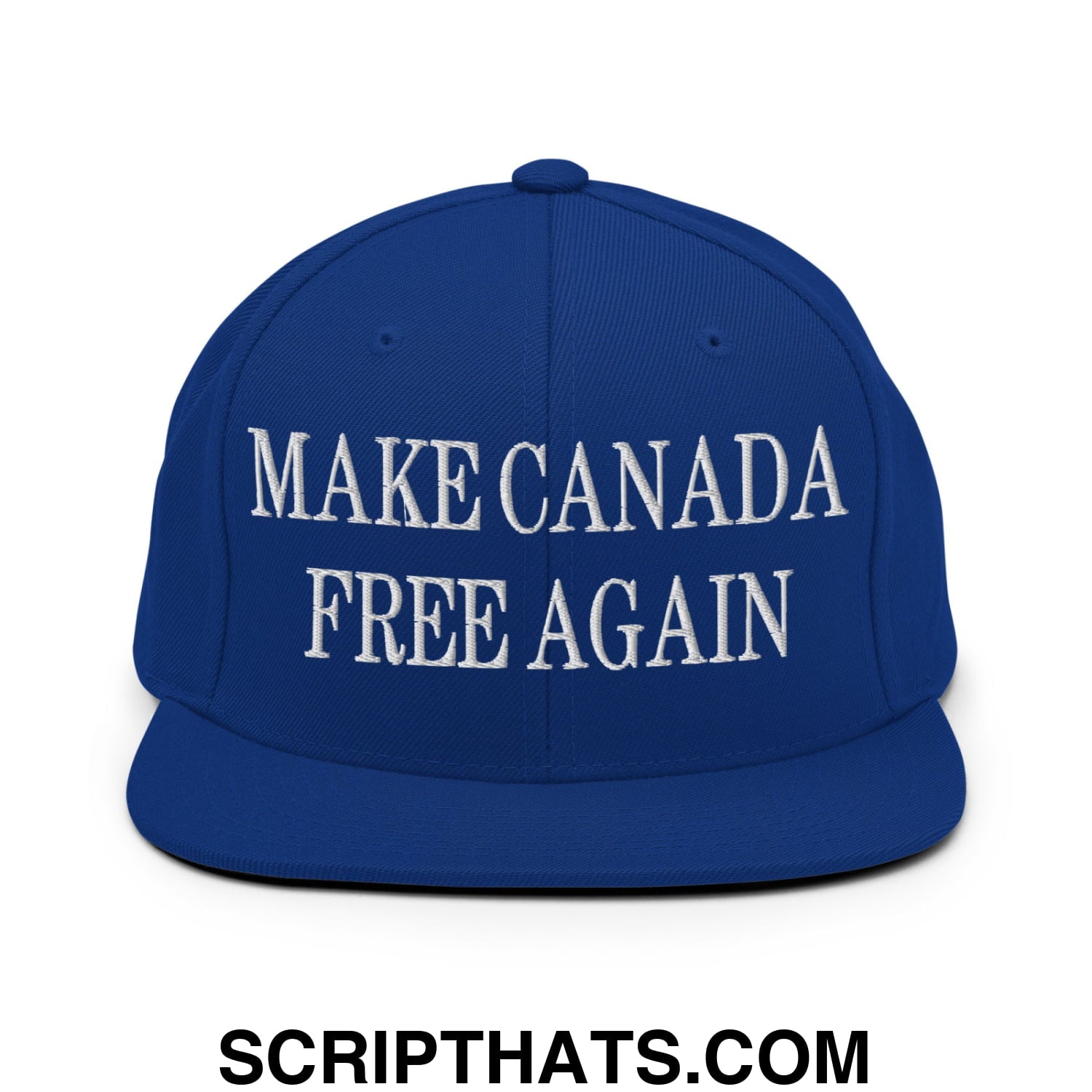 Royal blue snapback hat with white embroidered make Canada free again text and flat bill brim design