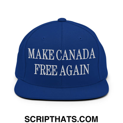 Royal blue snapback hat with white embroidered make Canada free again text and flat bill brim design