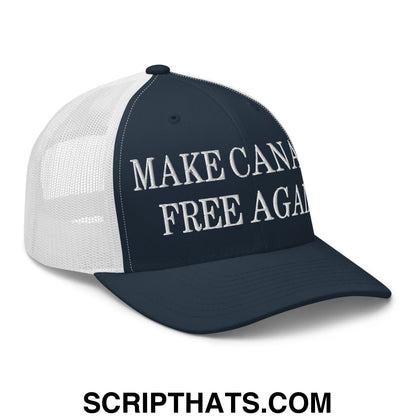 A navy blue and white mesh trucker hat with make Canada free again embroidered in silver thread across the front