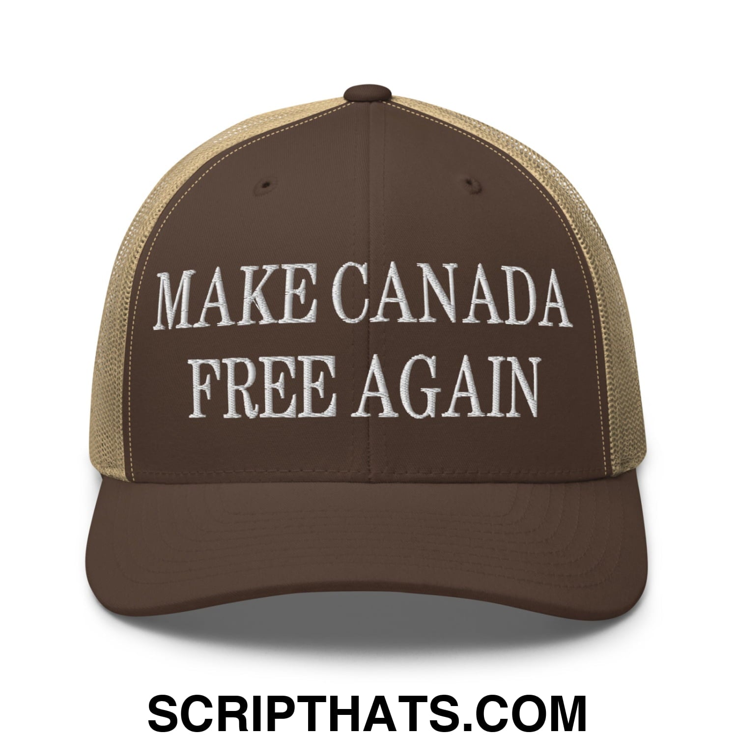Brown and tan embroidered mesh trucker hat with white text reading make Canada free again