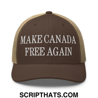 Brown and tan embroidered mesh trucker hat with white text reading make Canada free again