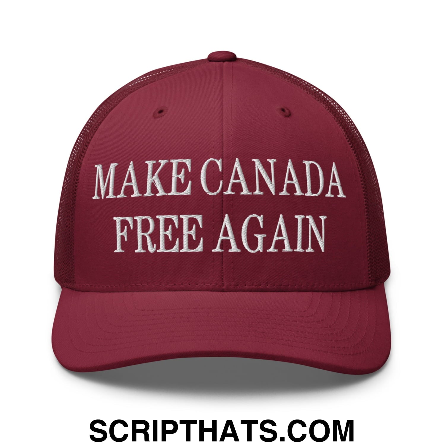 Maroon mesh trucker hat with white embroidered make canada free again text on the front panel