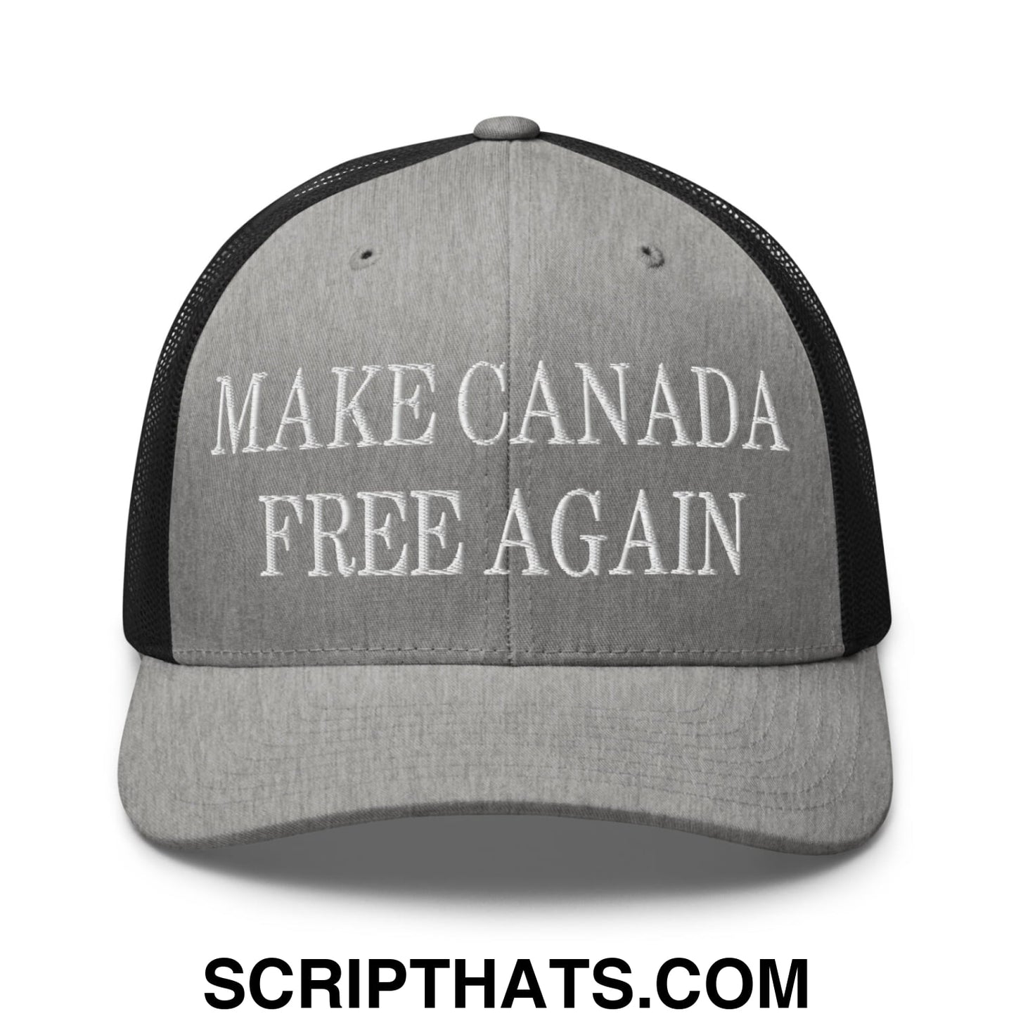 Gray and black mesh trucker hat with white embroidered make canada free again text on front panel