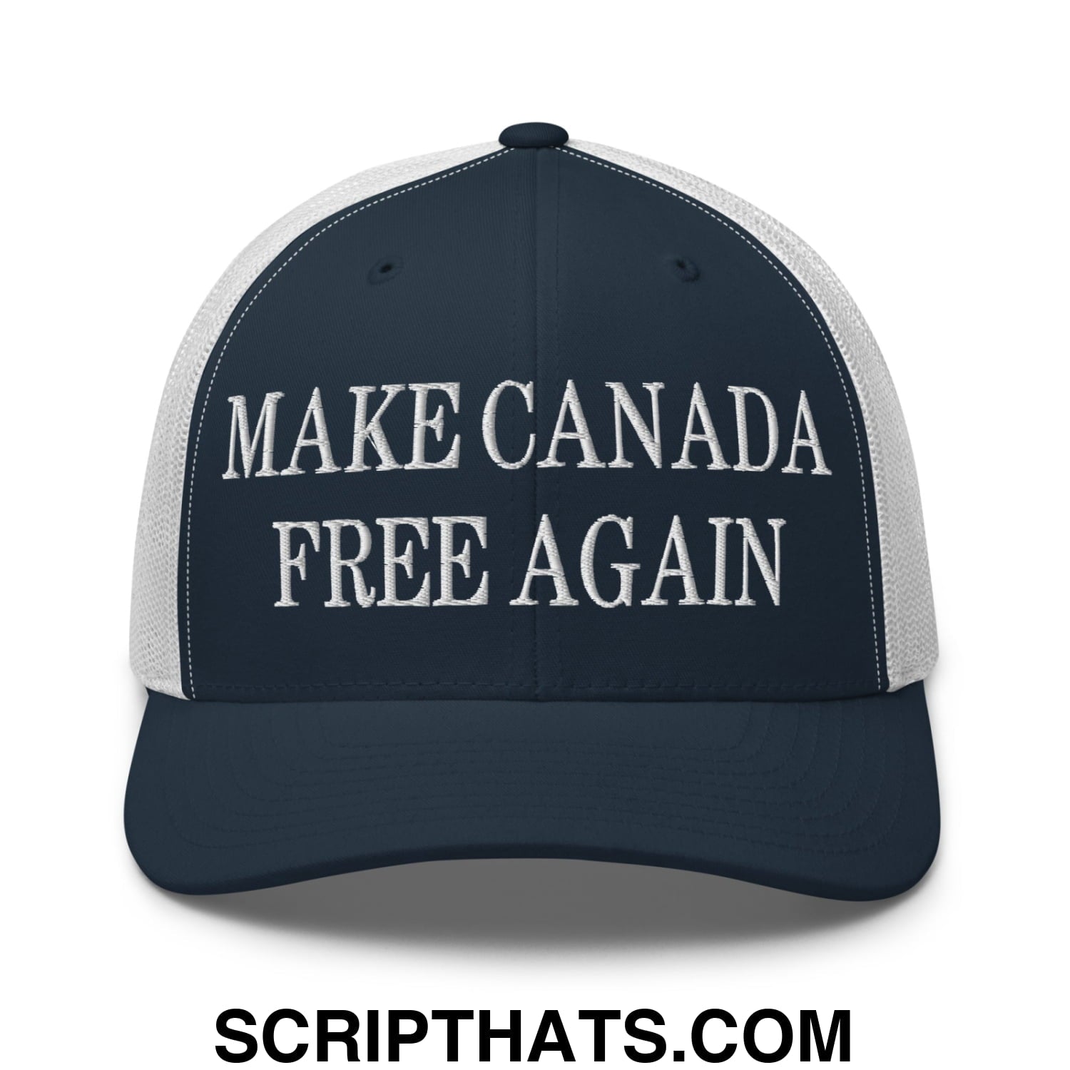 Navy blue and white mesh trucker hat with embroidered make Canada free again text front view