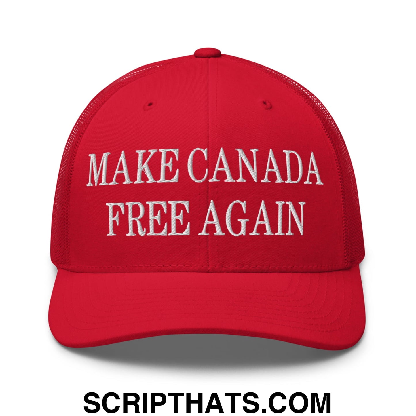 Red mesh trucker hat with white embroidered text reading make canada free again on the front panel
