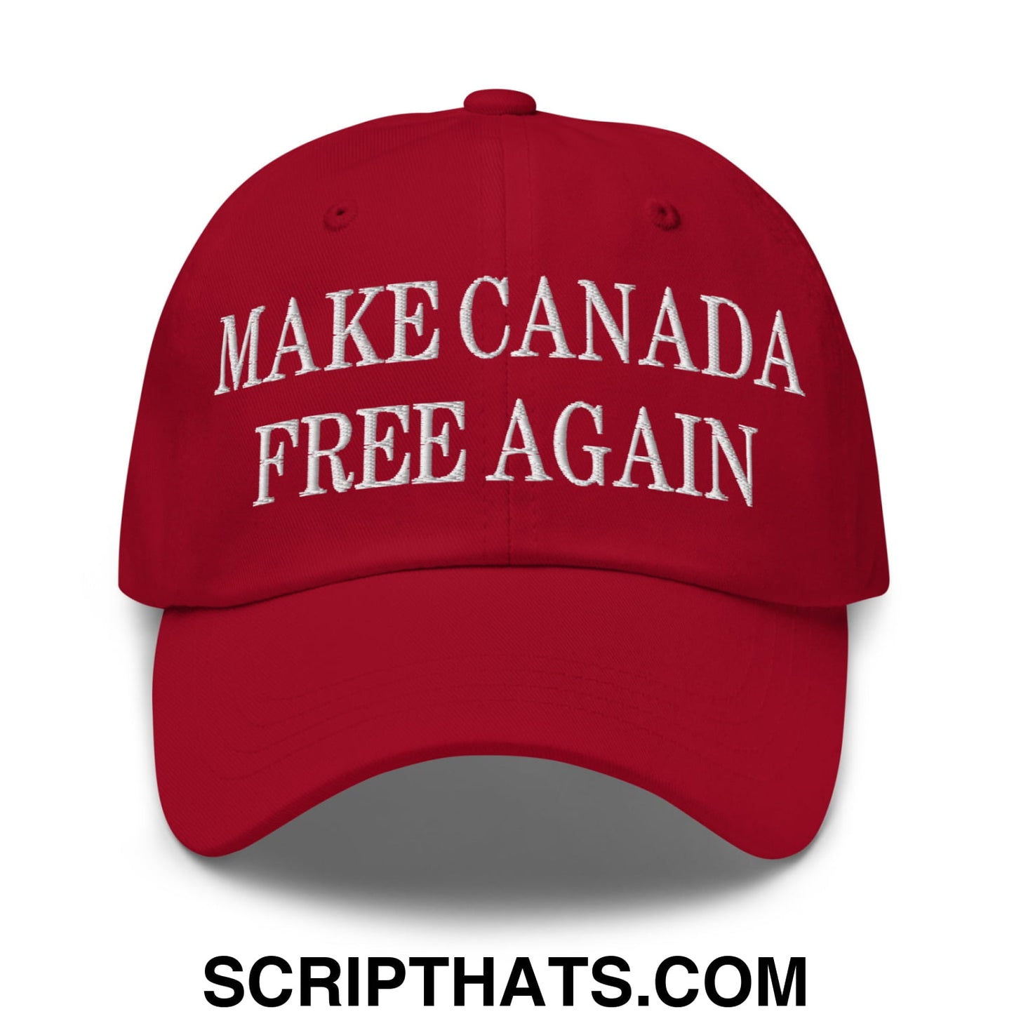 Red unstructured dad hat with white embroidered make canada free again text for casual wear