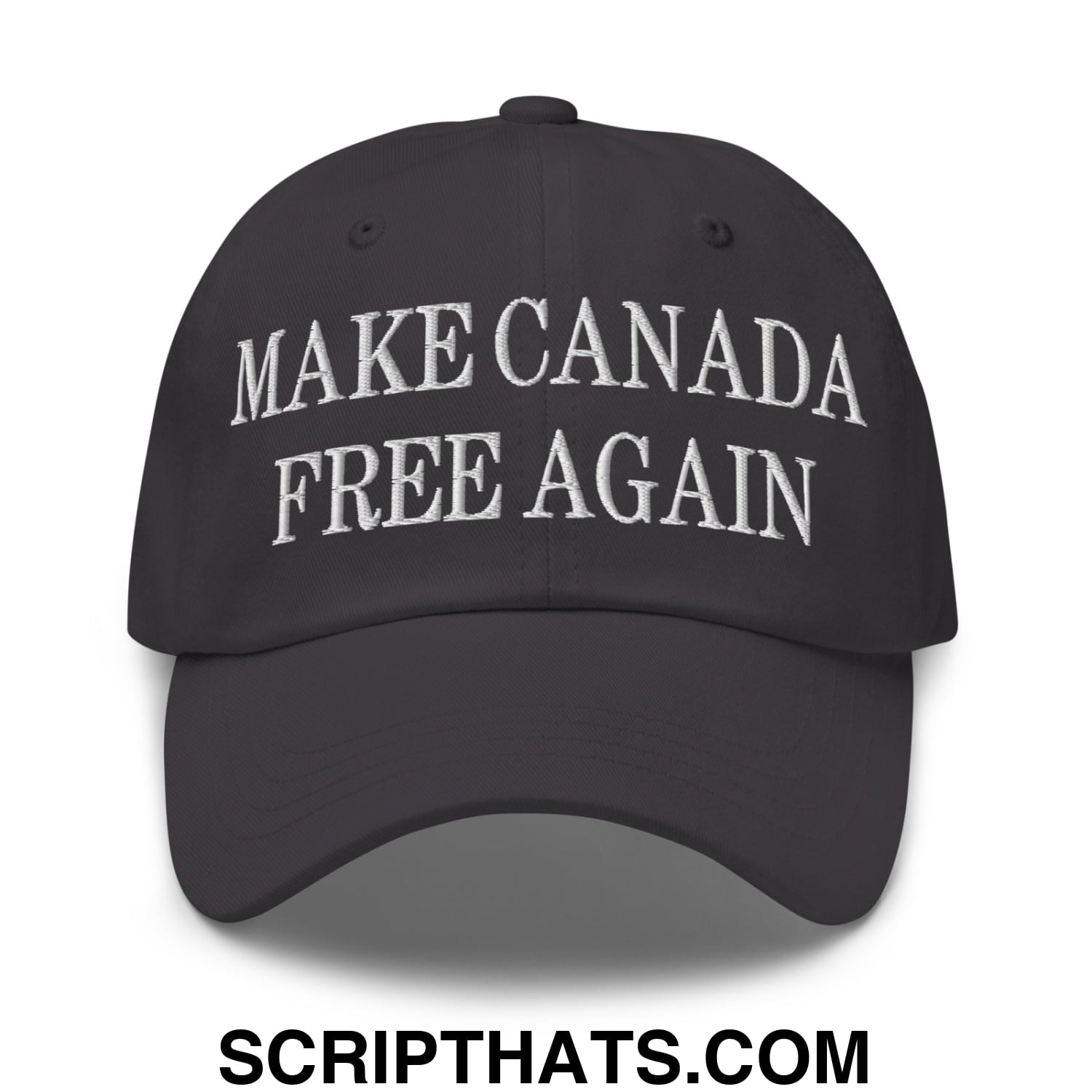 Black unstructured dad hat with white embroidered make canada free again text ideal for casual wear