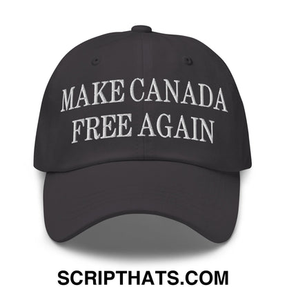 Black unstructured dad hat with white embroidered make canada free again text ideal for casual wear