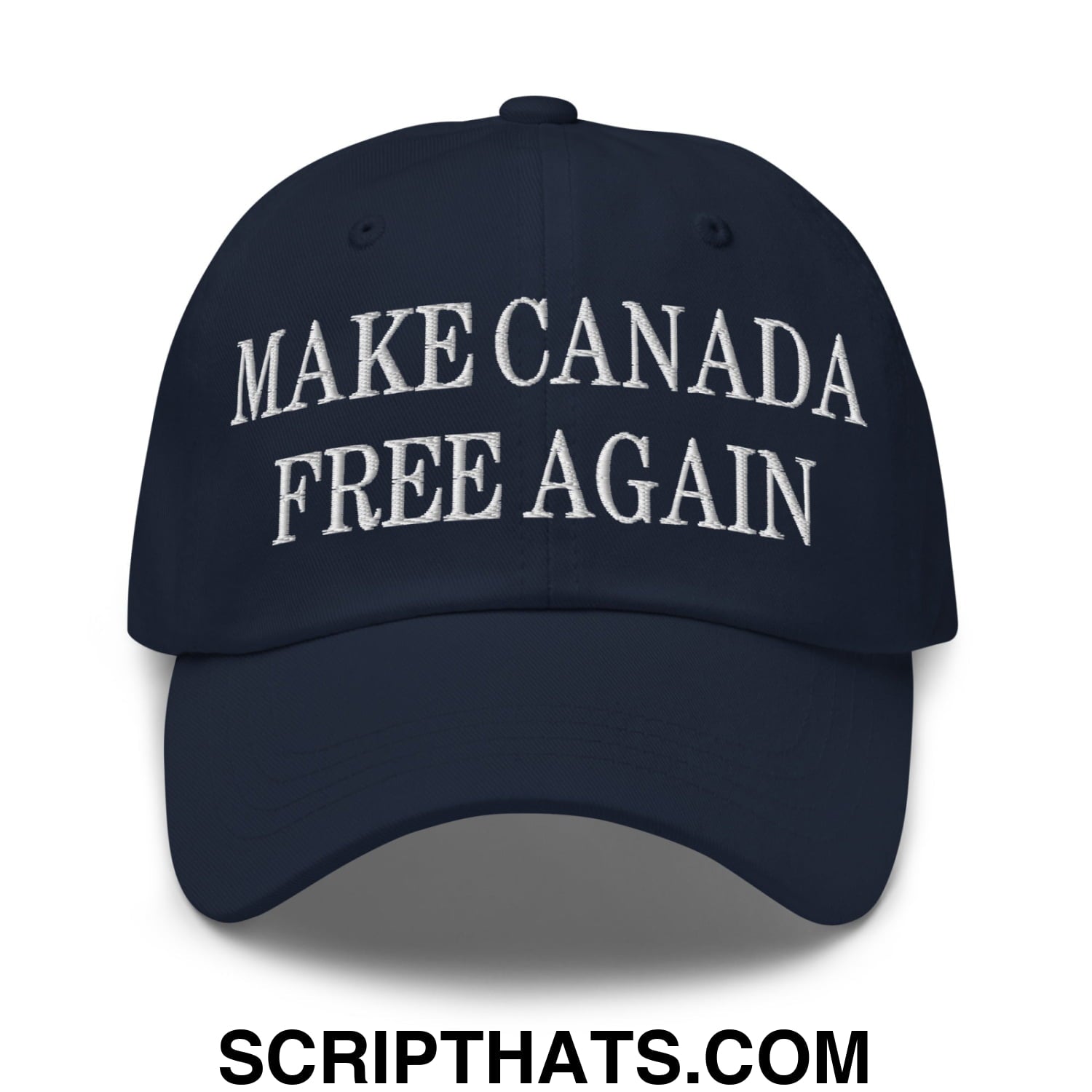 Navy blue unstructured dad hat with white embroidered text make canada free again in a patriotic design