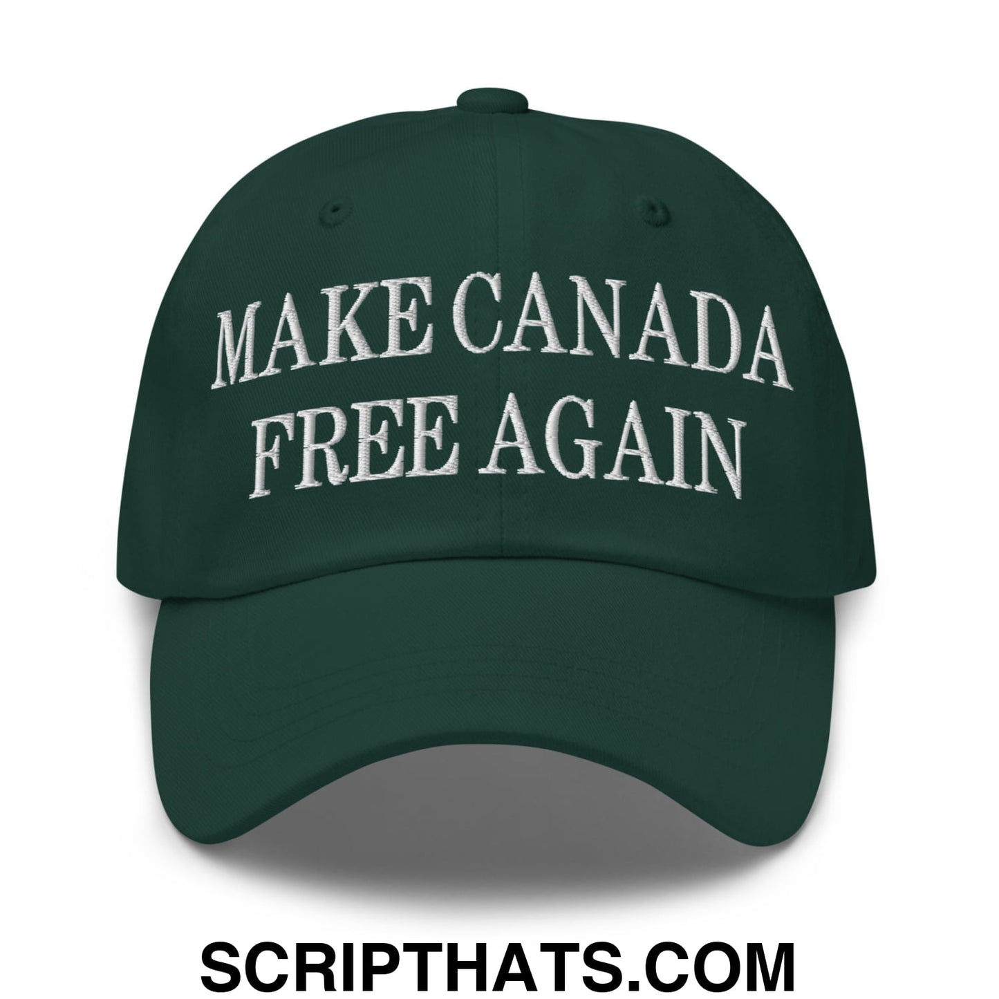 Dark green unstructured dad hat with white embroidered text make canada free again for casual wear
