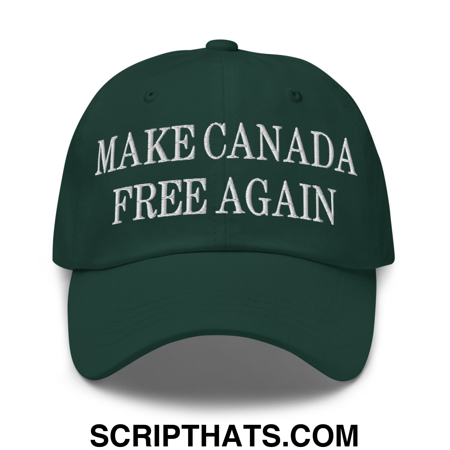 Dark green unstructured dad hat with white embroidered text make canada free again for casual wear