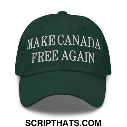 Dark green unstructured dad hat with white embroidered text make canada free again for casual wear