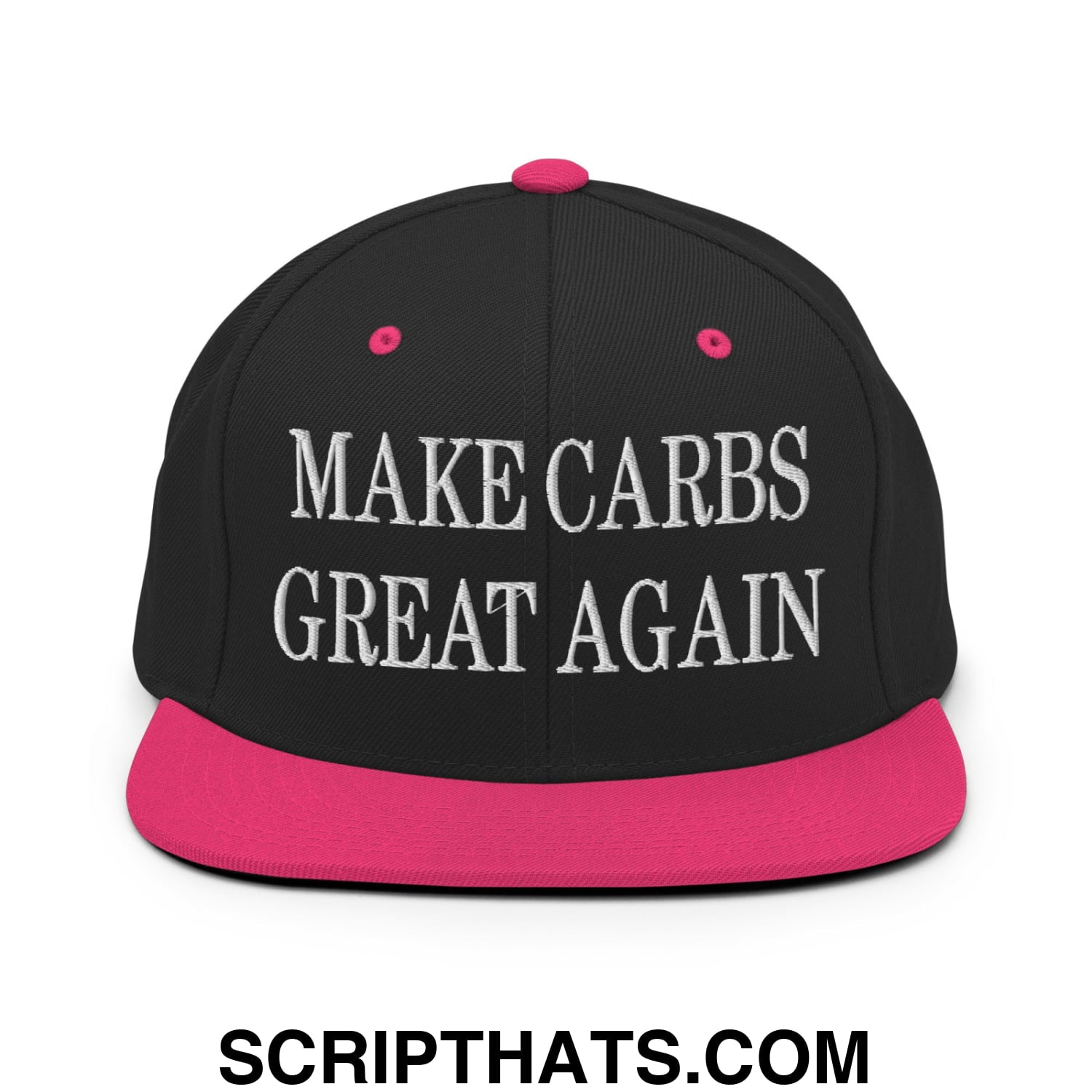Make Carbs Great Again Embroidered Flat Bill Brim Snapback Hat Black Neon Pink