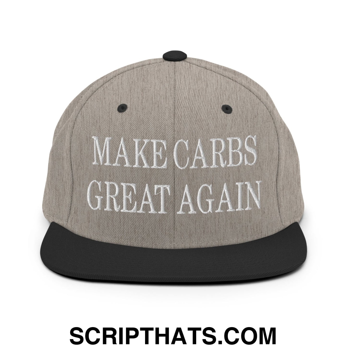 Make Carbs Great Again Embroidered Flat Bill Brim Snapback Hat Heather Black