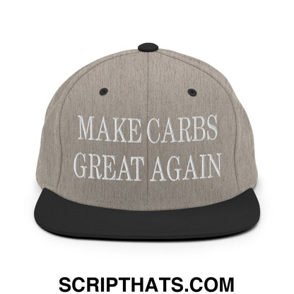 Make Carbs Great Again Embroidered Flat Bill Brim Snapback Hat Heather Black