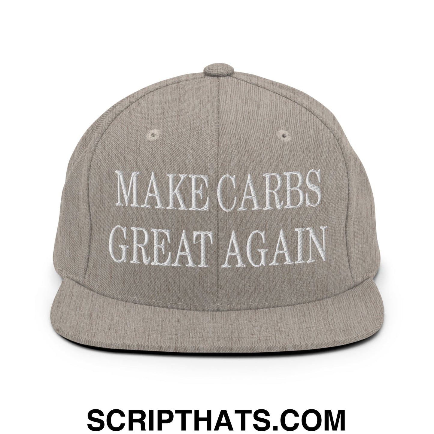 Make Carbs Great Again Embroidered Flat Bill Brim Snapback Hat Heather Grey