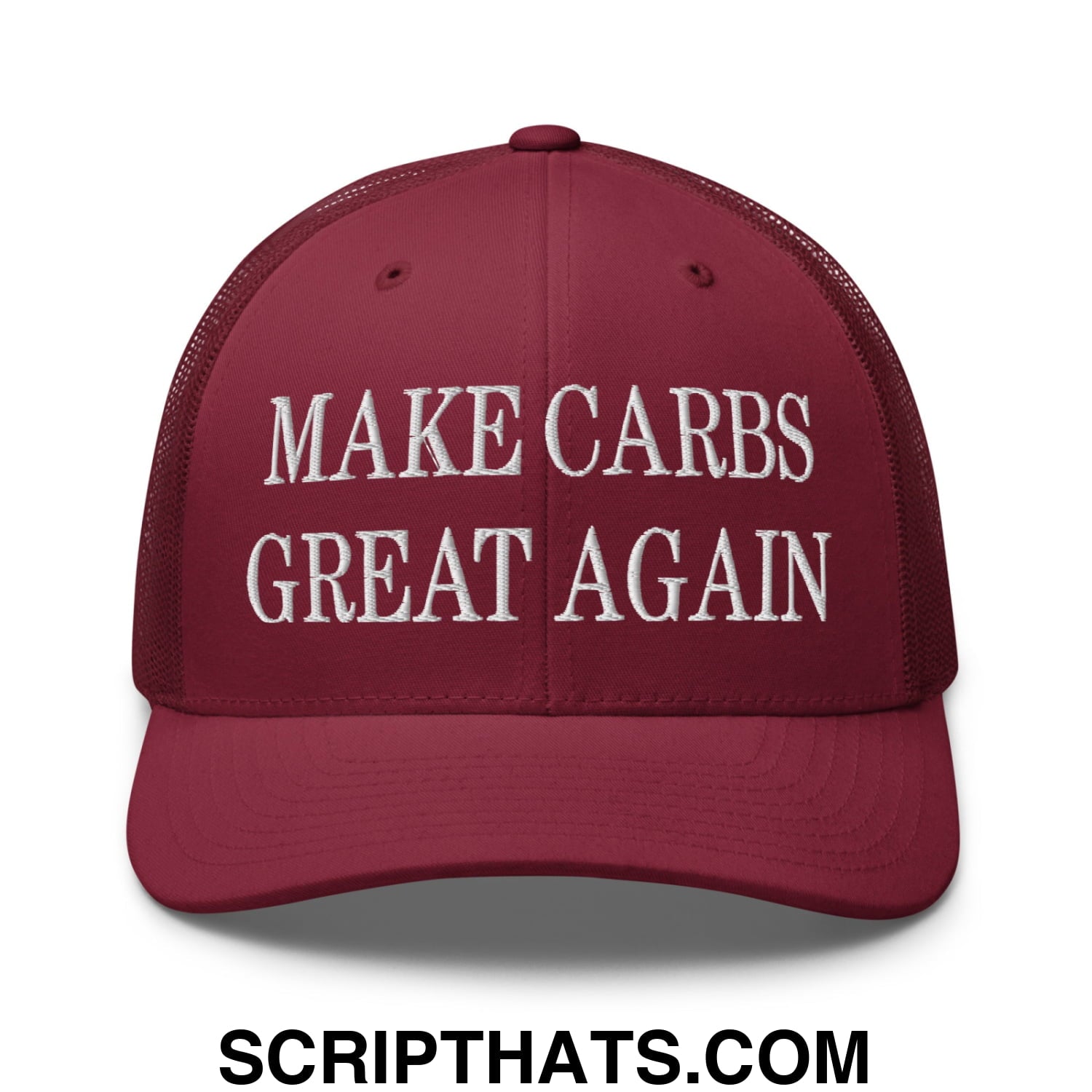 Make Carbs Great Again Embroidered Mesh Trucker Hat Cranberry