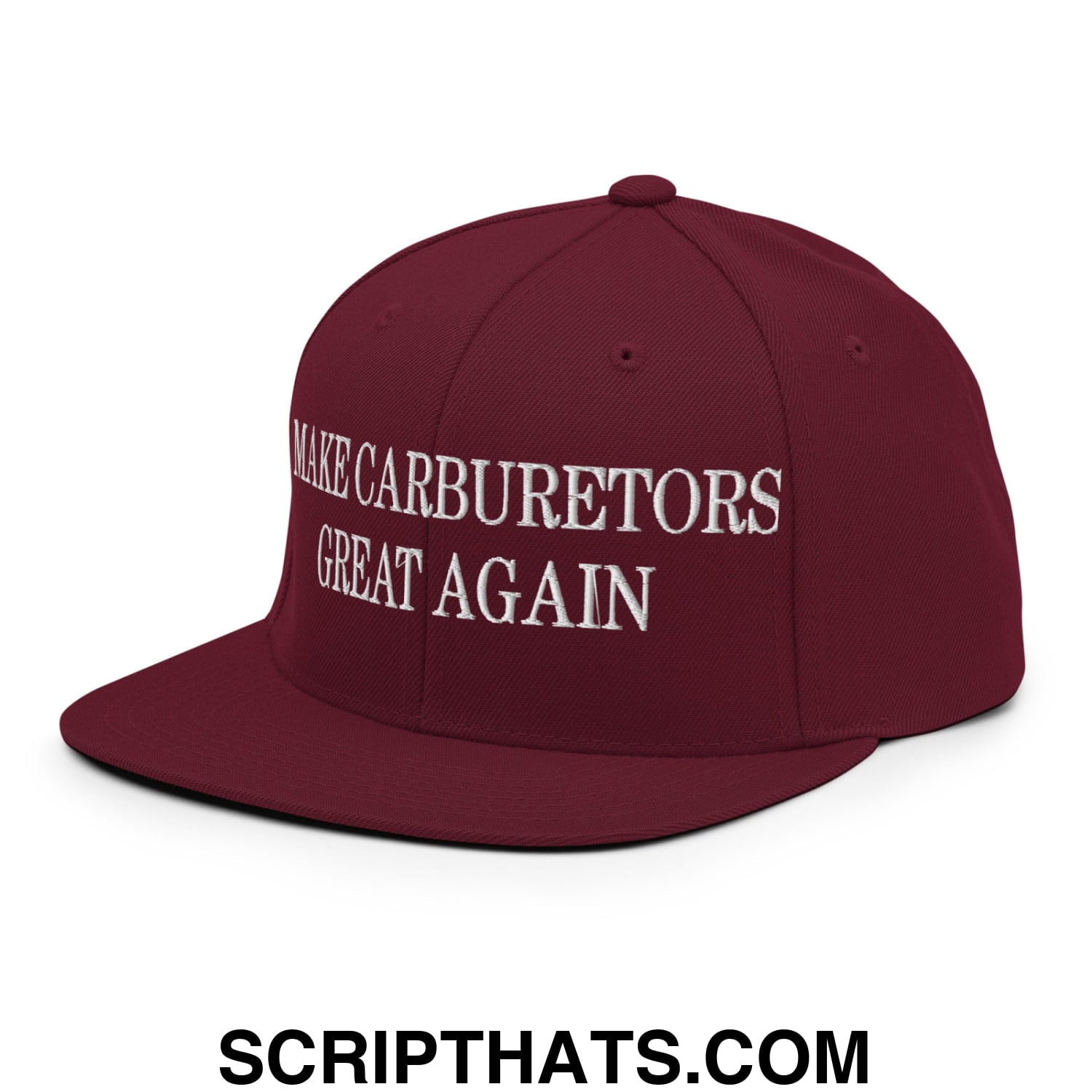 Maroon embroidered flat bill snapback hat with white text make carburetors great again for casual wear