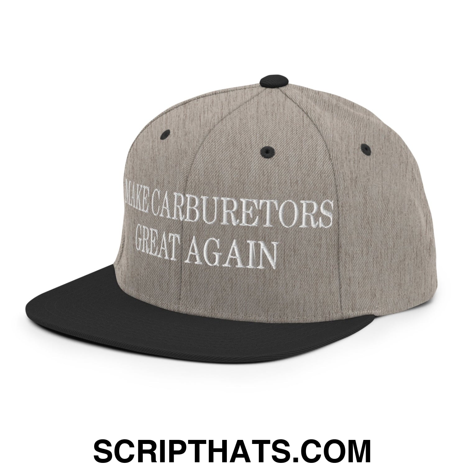 Gray and black flat bill brim snapback hat with white embroidered text reading make carburetors great again