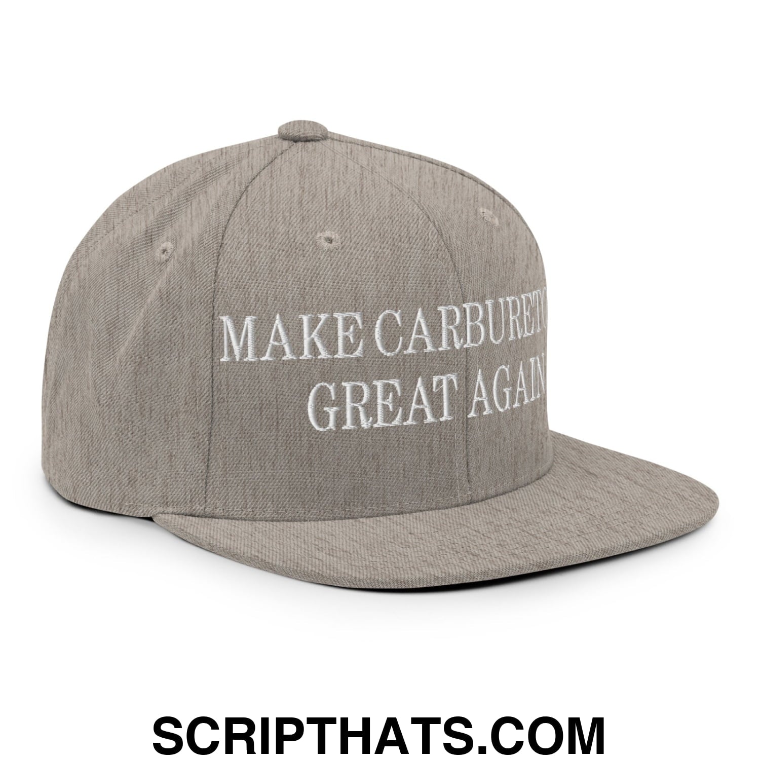 Gray flat bill brim snapback hat with white embroidered text reading make carburetors great again