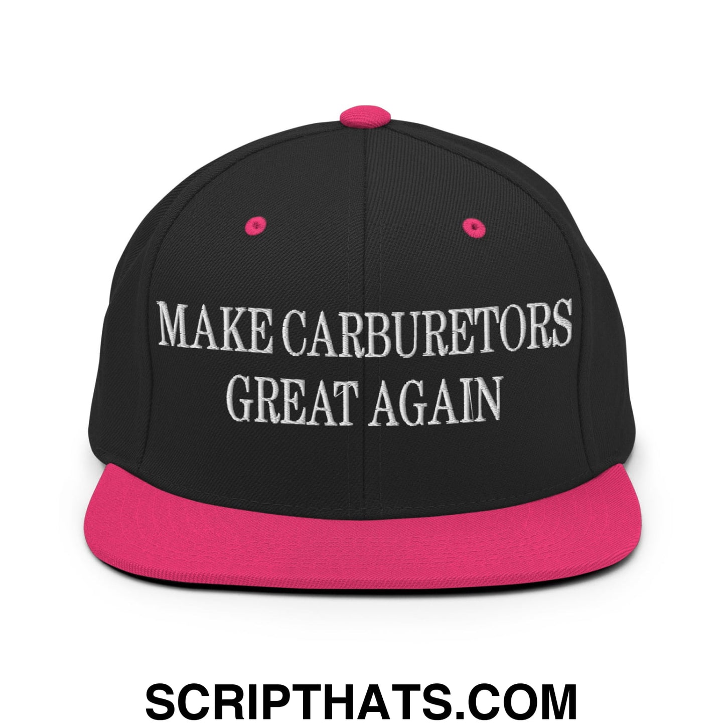 Black snapback cap with vibrant pink brim and white embroidered text saying make carburetors great again