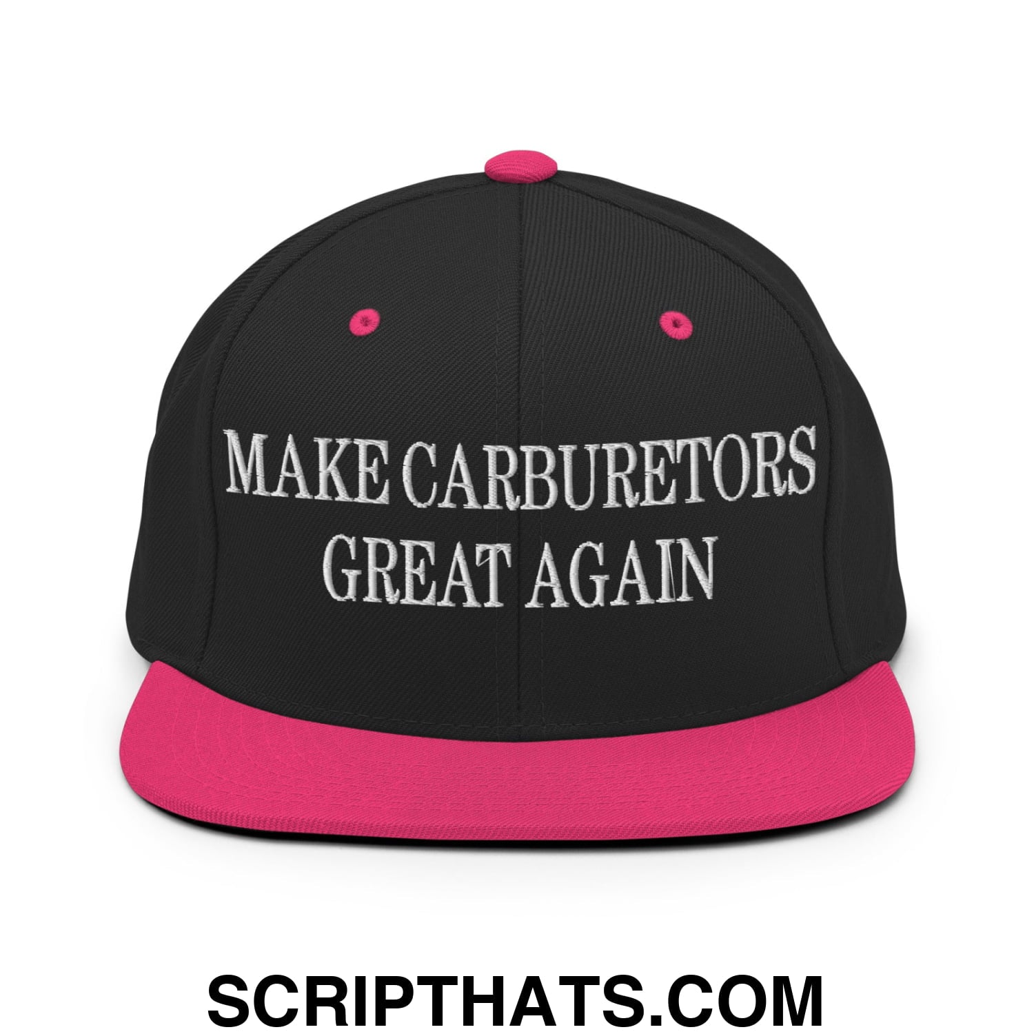 Black snapback cap with vibrant pink brim and white embroidered text saying make carburetors great again