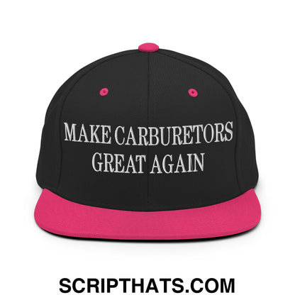 Black snapback cap with vibrant pink brim and white embroidered text saying make carburetors great again