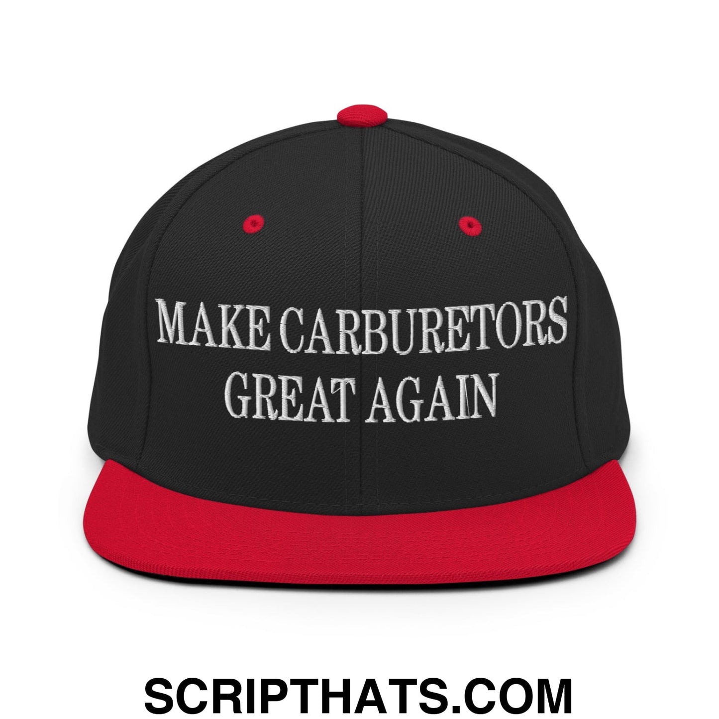 Black and red snapback hat with white embroidered make carburetors great again text and flat bill brim