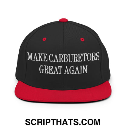 Black and red snapback hat with white embroidered make carburetors great again text and flat bill brim