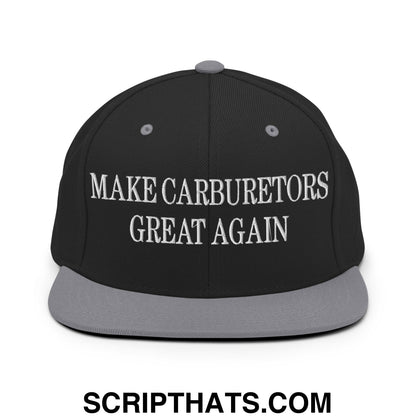 Black snapback hat with gray brim and white embroidered make carburetors great again text flat bill brim design