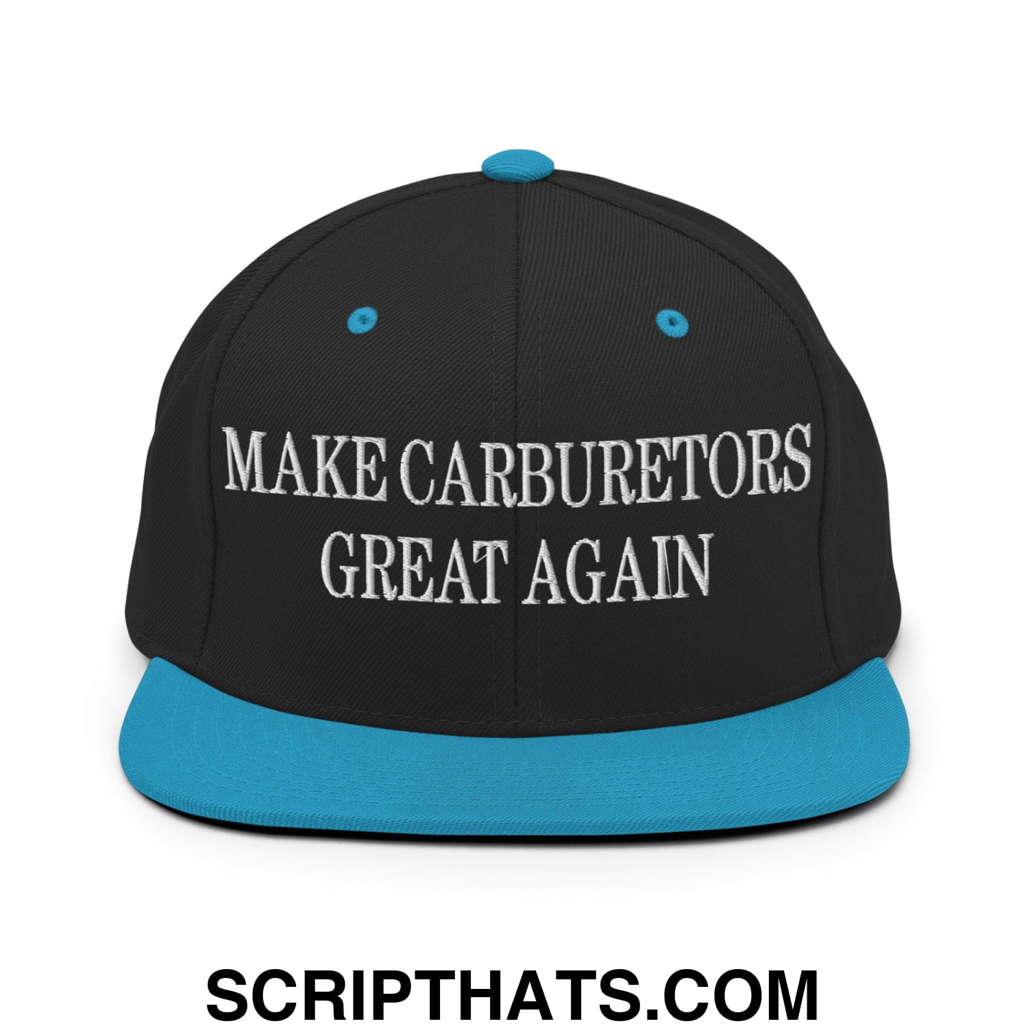 Black snapback cap with teal brim and button featuring white embroidered make carburetors great again text