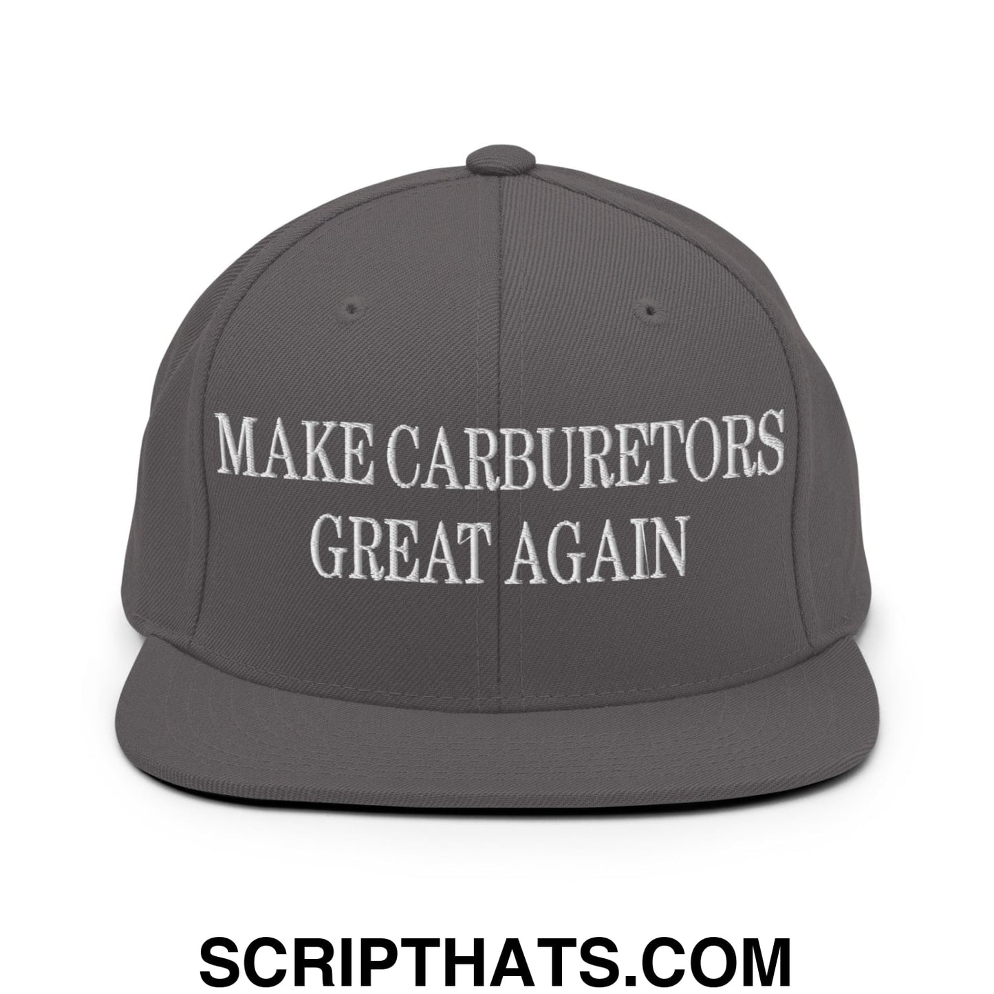 Gray snapback cap with white embroidered text make carburetors great again and flat bill brim design