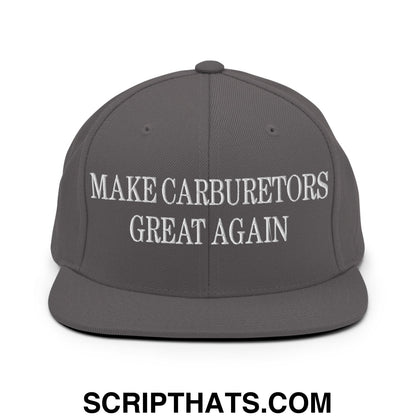 Gray snapback cap with white embroidered text make carburetors great again and flat bill brim design