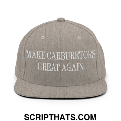 Gray snapback hat with white embroidered make carburetors great again text and flat bill brim design