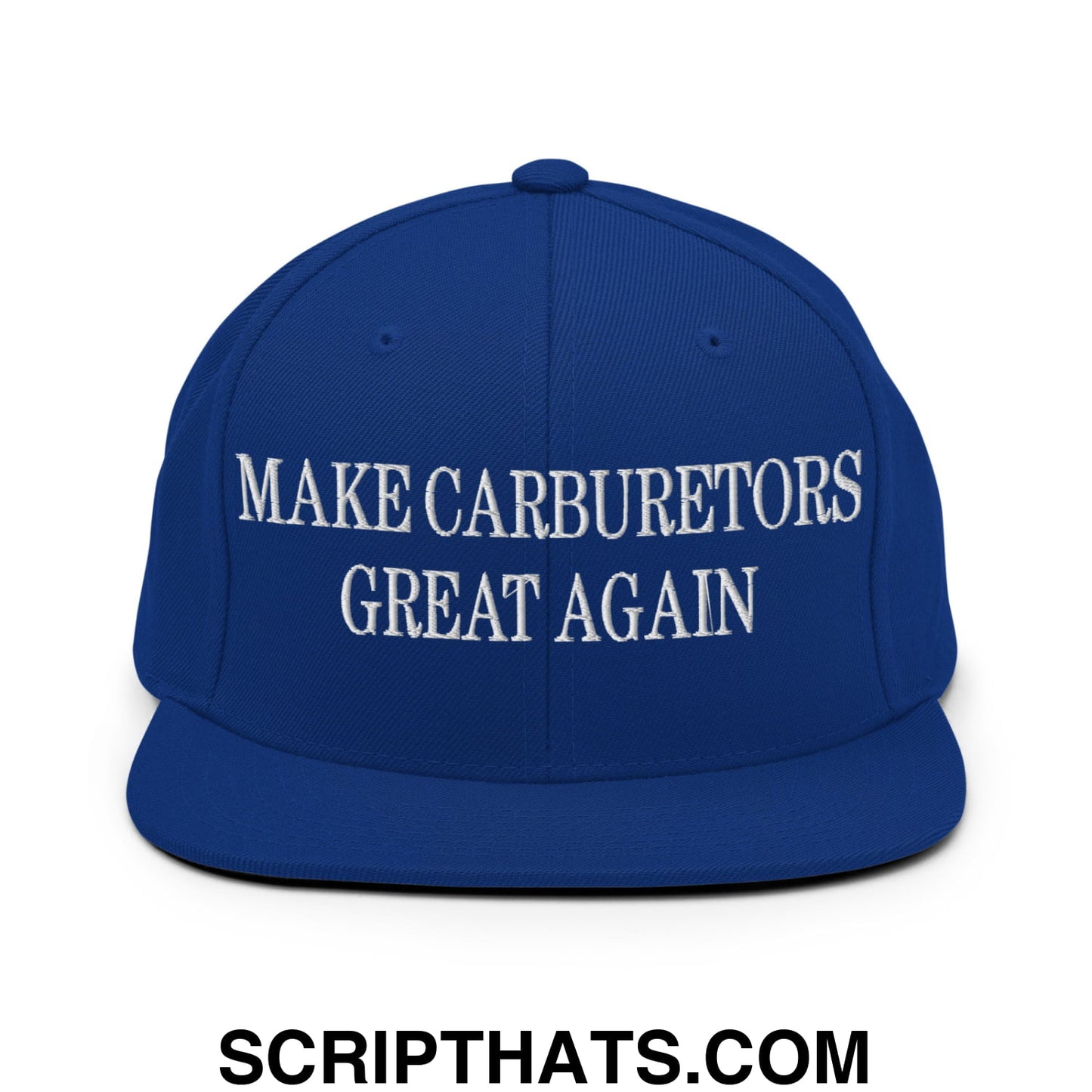Royal blue snapback cap with white embroidered make carburetors great again text and flat bill brim design