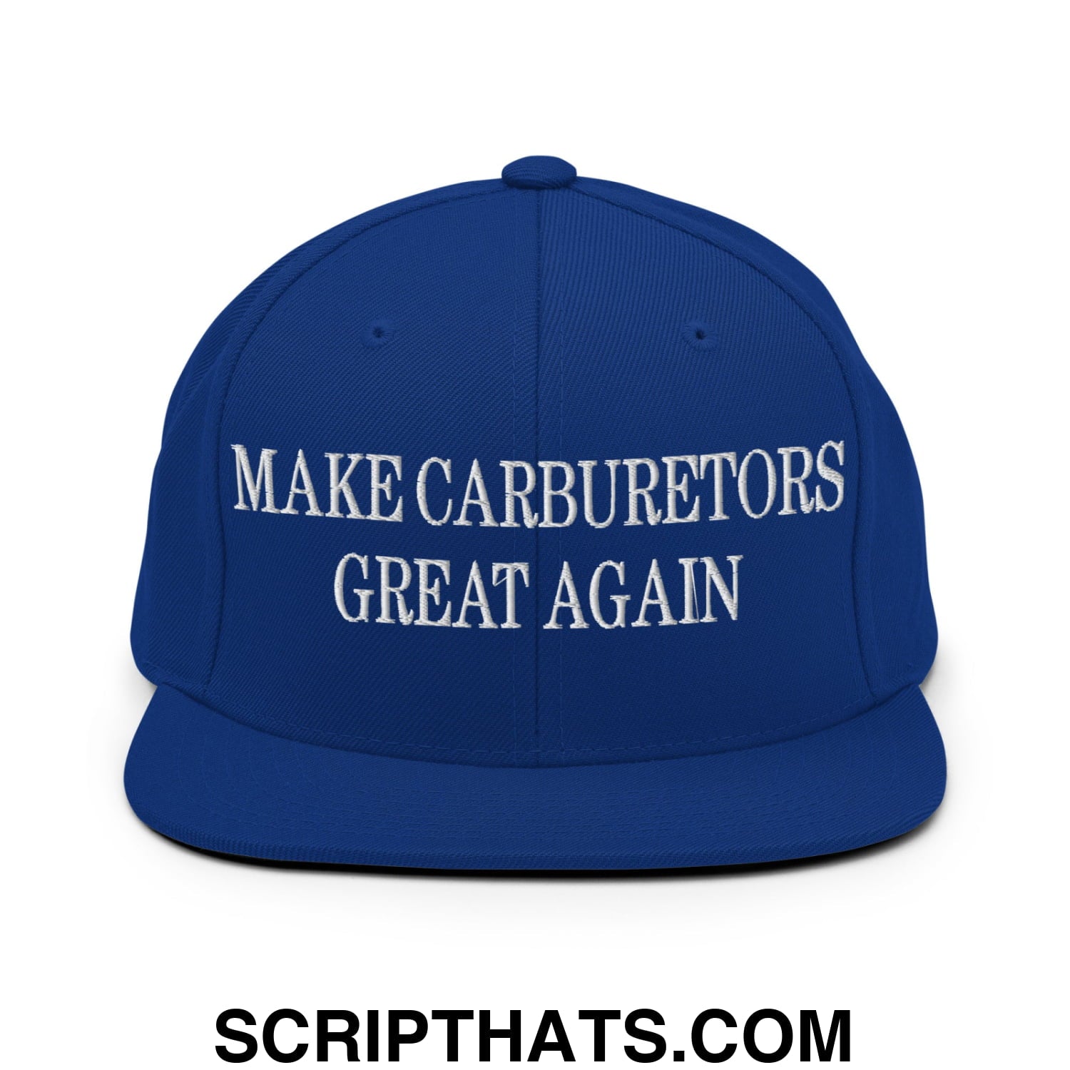 Royal blue snapback cap with white embroidered make carburetors great again text and flat bill brim design