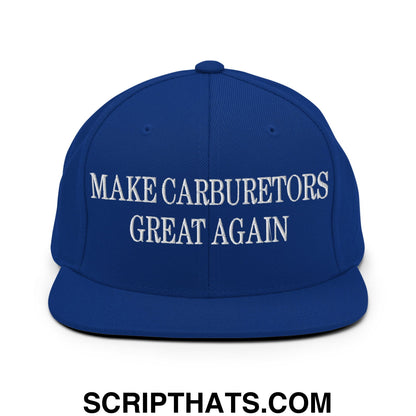 Royal blue snapback cap with white embroidered make carburetors great again text and flat bill brim design