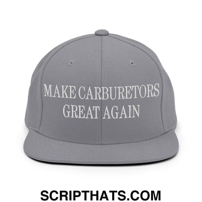 Gray snapback cap with white embroidered make carburetors great again text and flat bill brim design