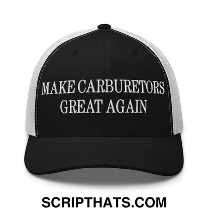 Black and white mesh trucker hat with embroidered make carburetors great again text in bold capital letters