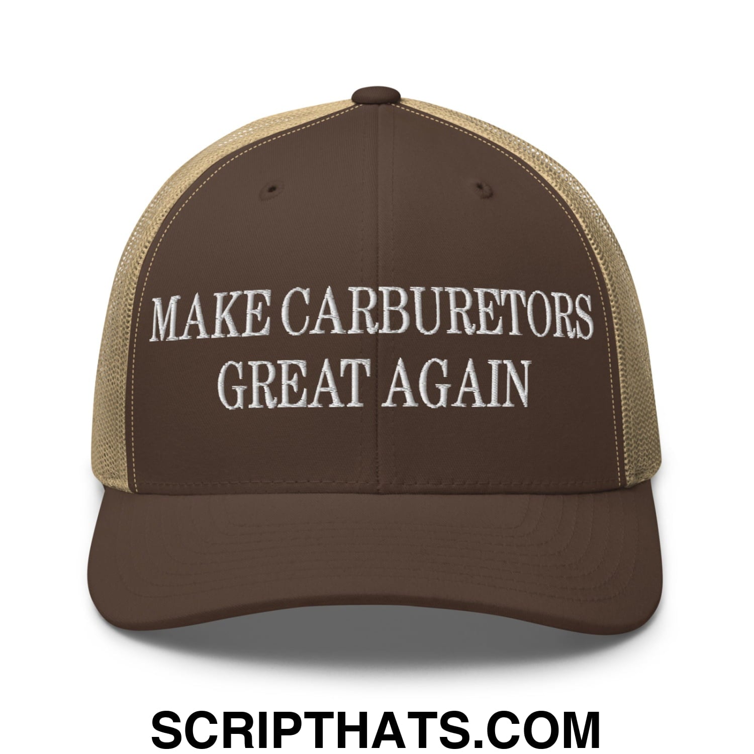 Brown and tan mesh trucker hat with white embroidered text saying make carburetors great again