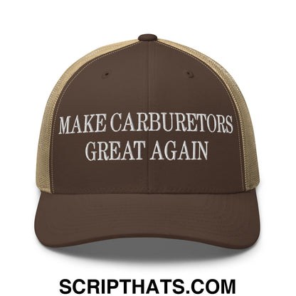 Brown and tan mesh trucker hat with white embroidered text saying make carburetors great again