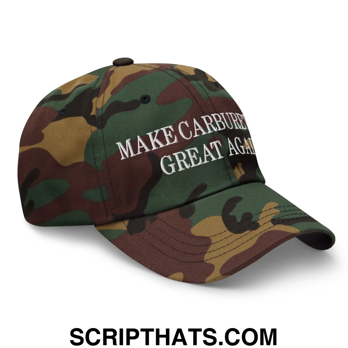 Make carburetors great again embroidered unstructured dad hat in camouflage with white thread lettering
