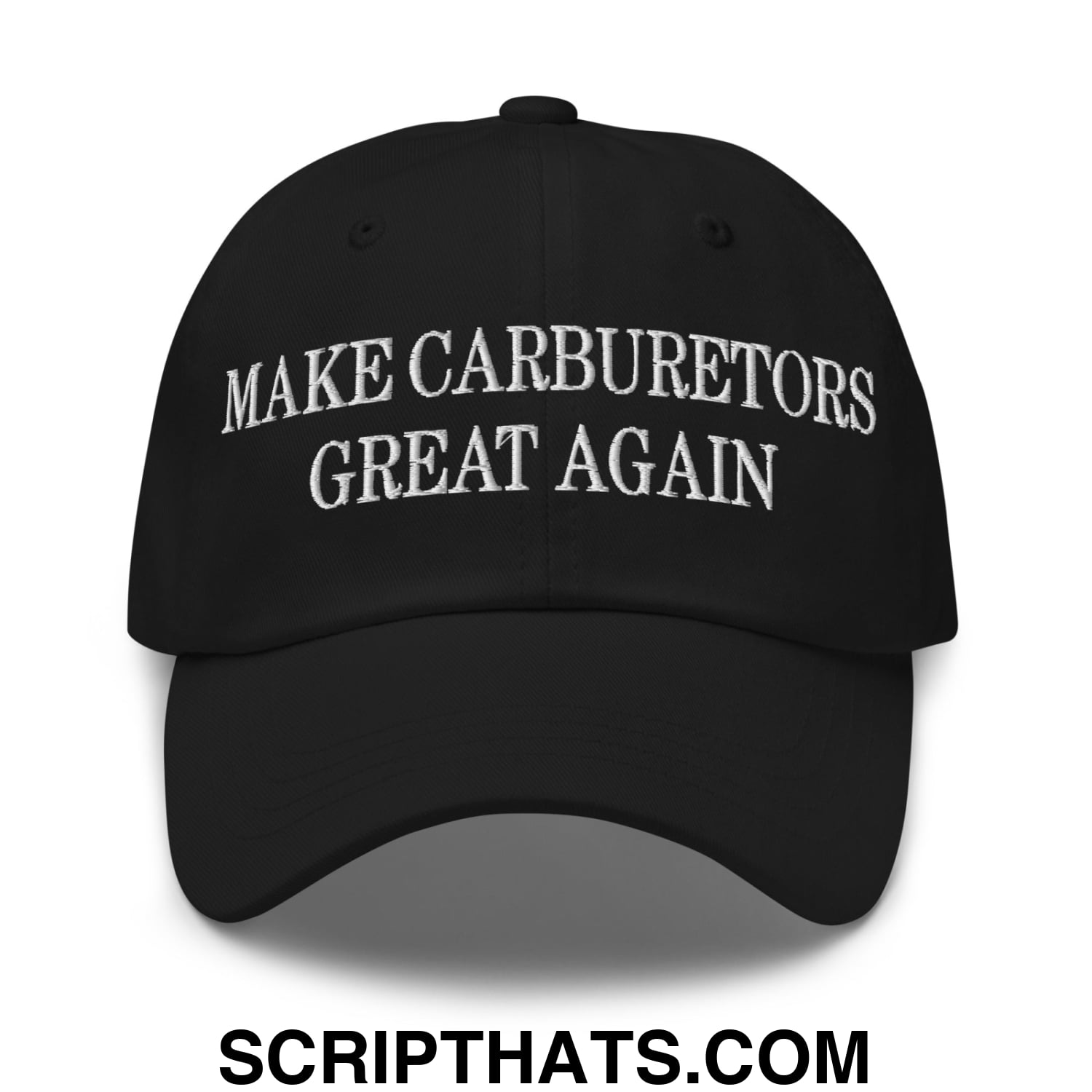 Black unstructured dad hat with white embroidered make carburetors great again text in a casual style