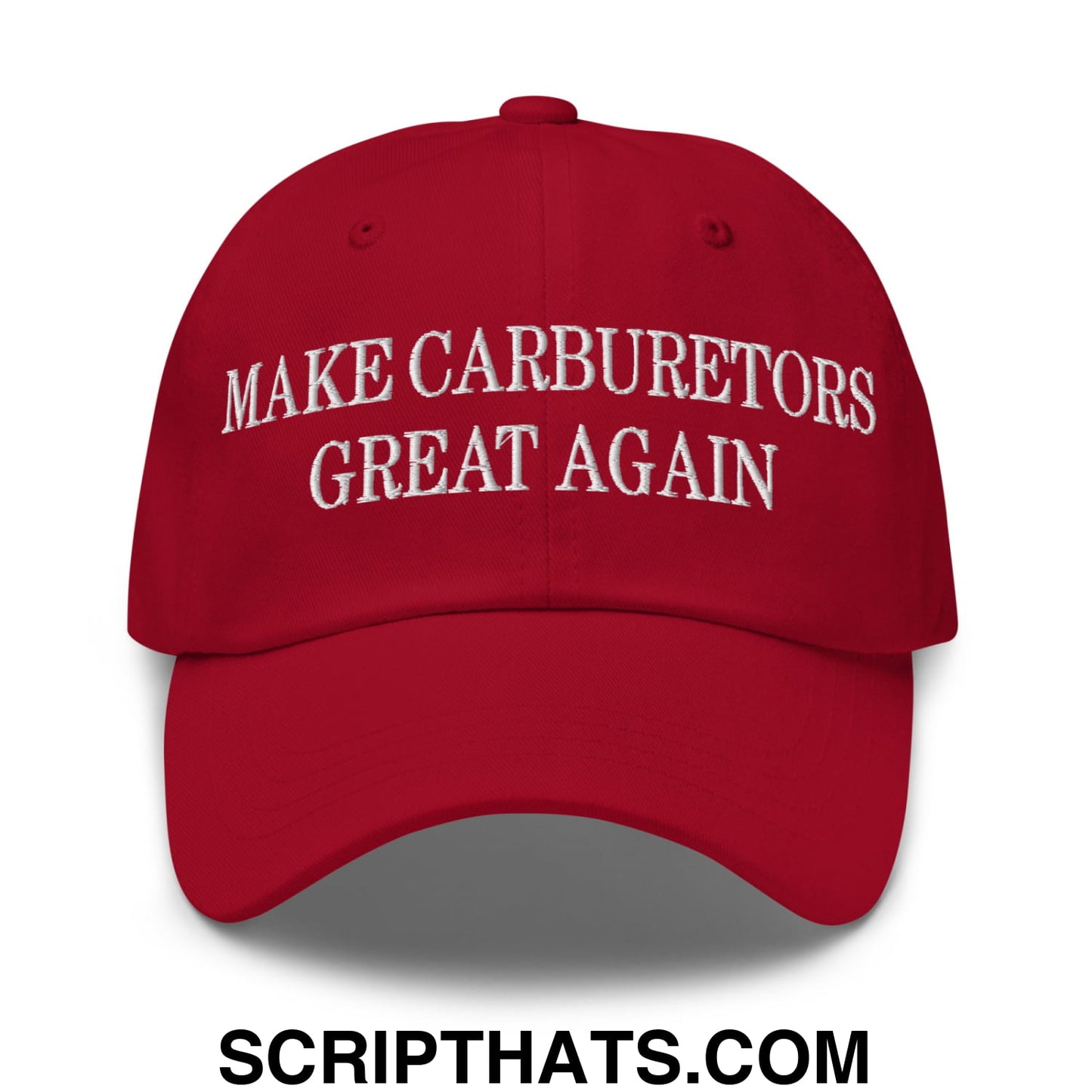 Red unstructured dad hat with white embroidered make carburetors great again text for casual wear